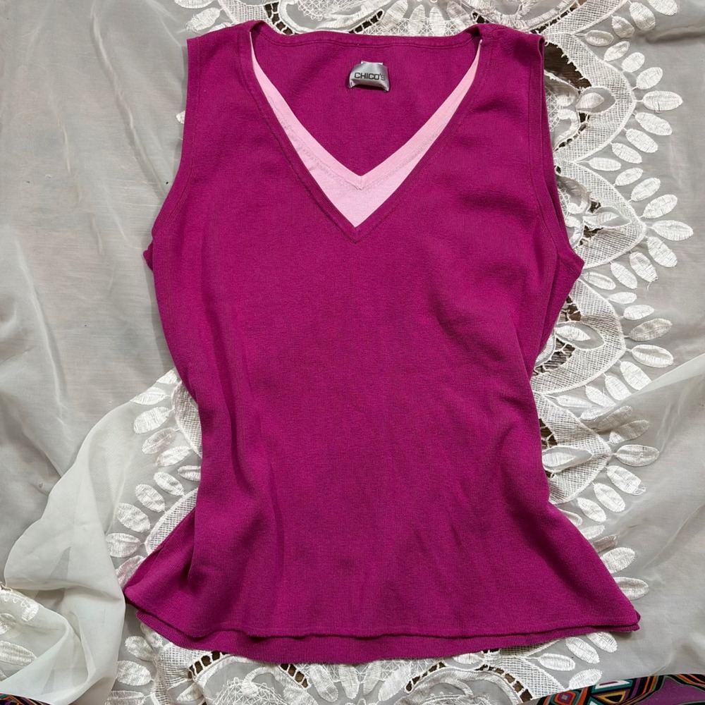 Y2K Layered Silk Blend V-Neck Sleeveless Sweater Tank Magenta Pink Size 2 L